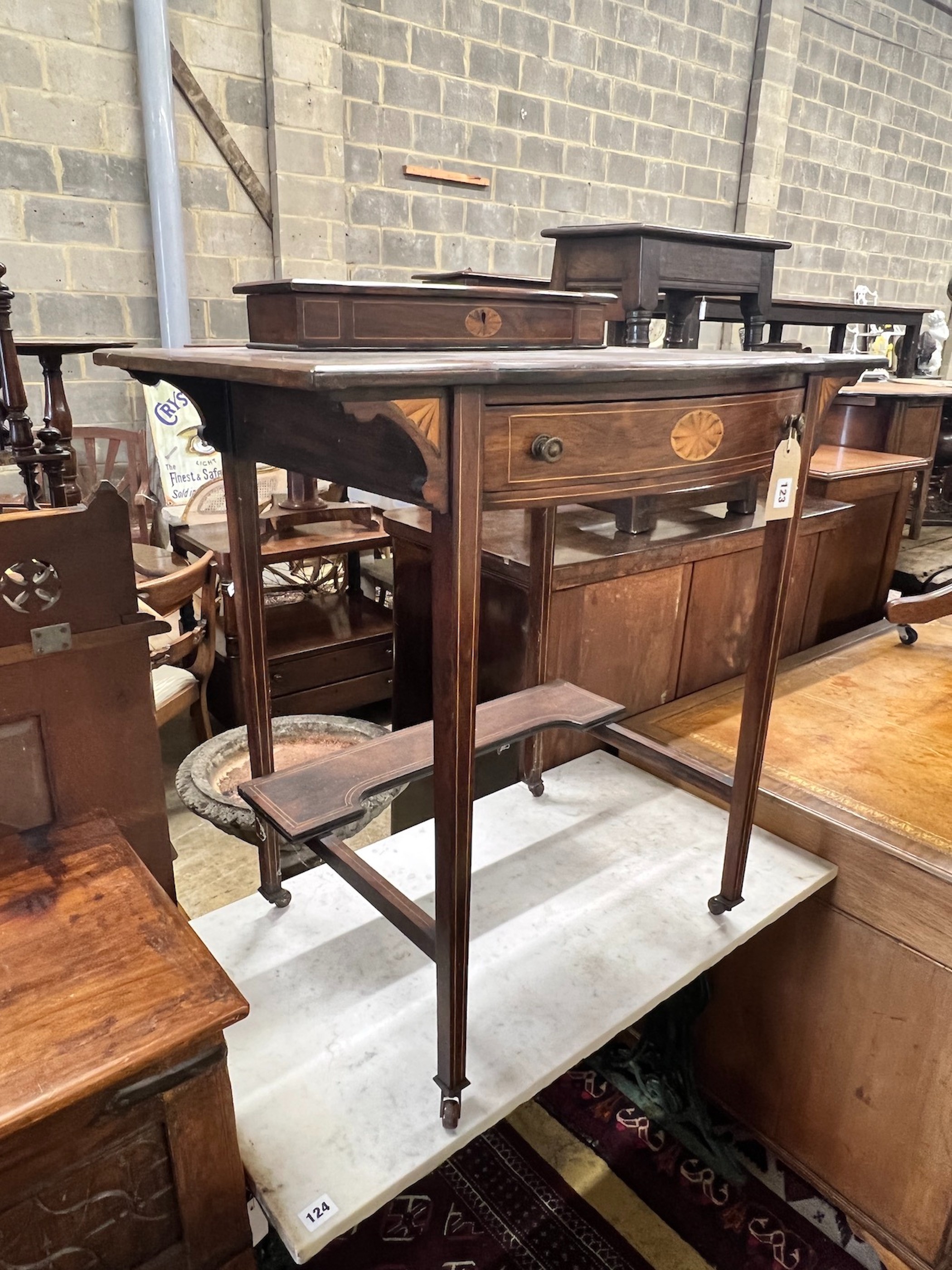 An Edwardian inlaid rosewood writing table, width 76cm, depth 46cm, height 71cm